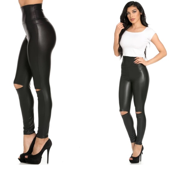 ✨JUST IN✨BLACK FAUX LEATHER KNEE CUT OUT SLICK LEGGINGS - Picture 11 of 15